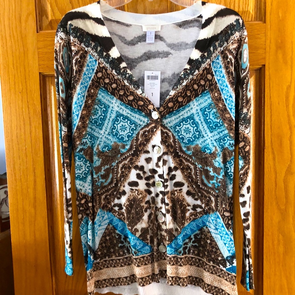 Chico’s sweater blues brown animal print